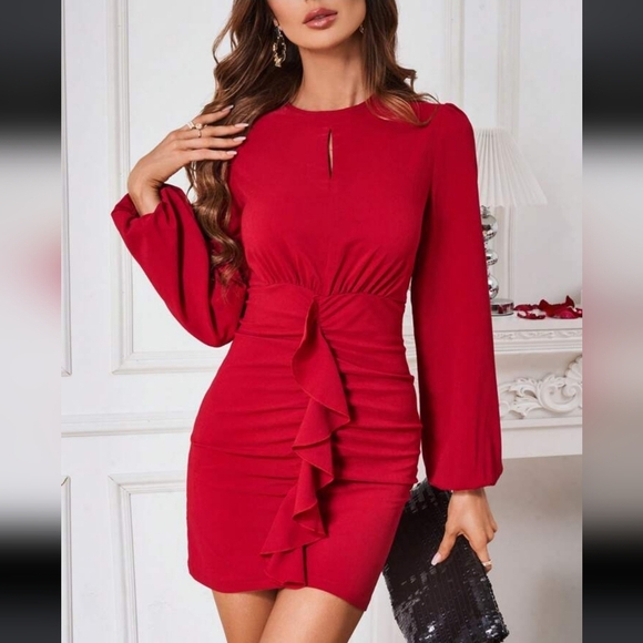 SHEIN Elegant Red Long Sleeve Dress - Picture 2 of 9